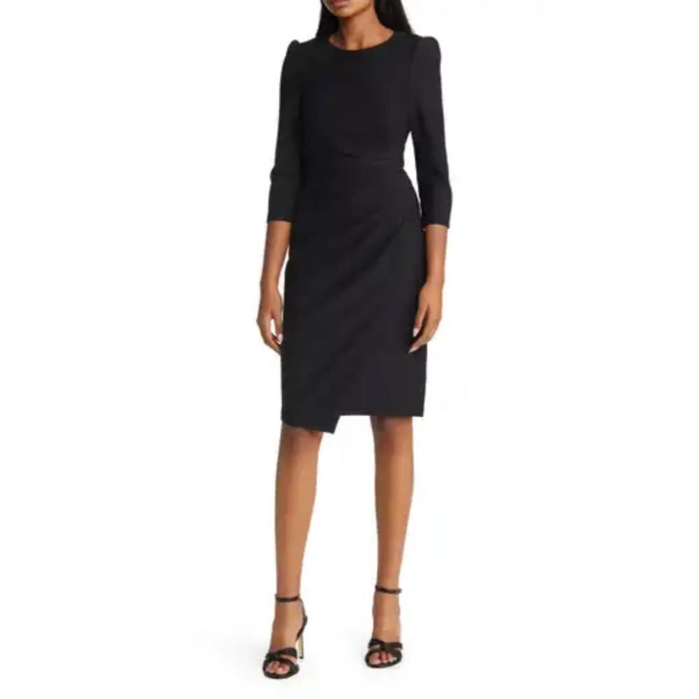 Shoshanna Ralph stretch crepe 3/4 sleeve runched midi dress